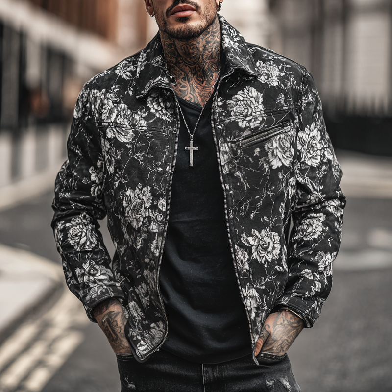 Men's Fashion Floral Print Lapel Chest Pocket Zipper Jacket MTA0125H2Z