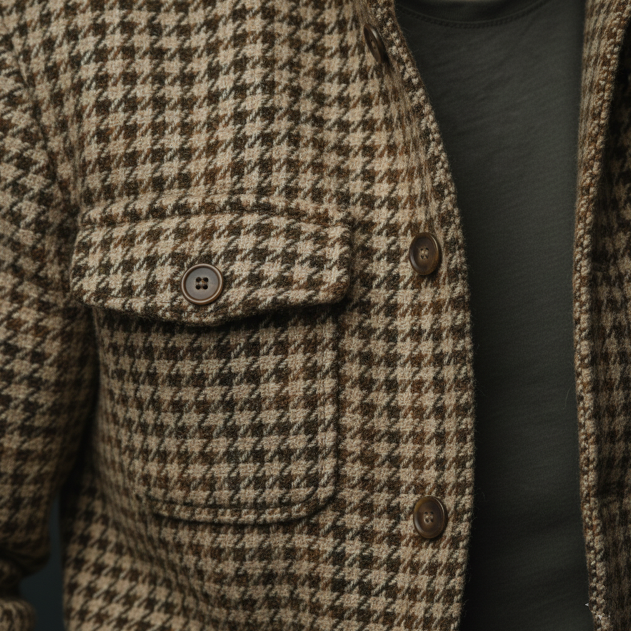 Men's Classic Casual Stand-up Collar Faux Houndstooth Multi-pocket Jacket MTA3087I6K