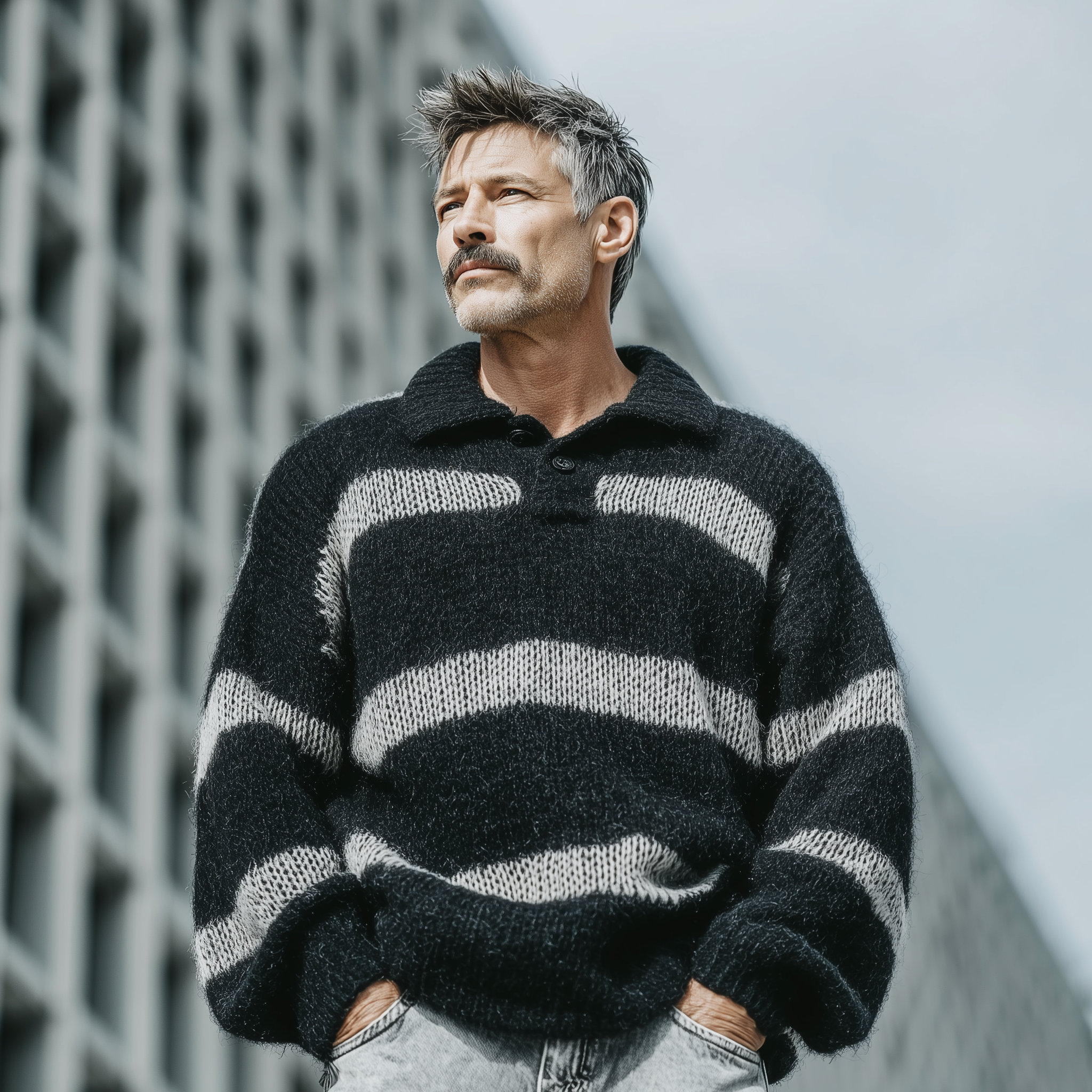Men's Autumn Fashion Striped Cotton And Mohair Blend Polo Collar Loose Sweater MTA1769I9P