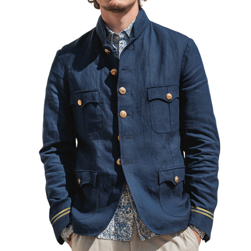 Men's Vintage Casual Cotton And Linen Solid Color Navy Stand Collar Jacket MTA0150H0TO