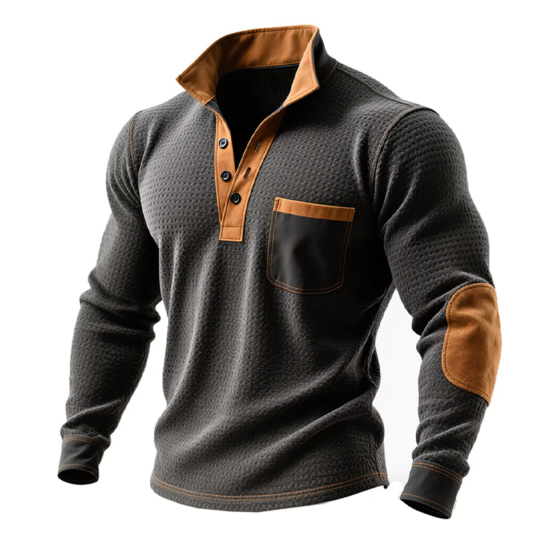 Men's Retro Western Cowboy Style Stitching Faux Suede Lapel Long Sleeve Polo Shirt MTA0907J5X
