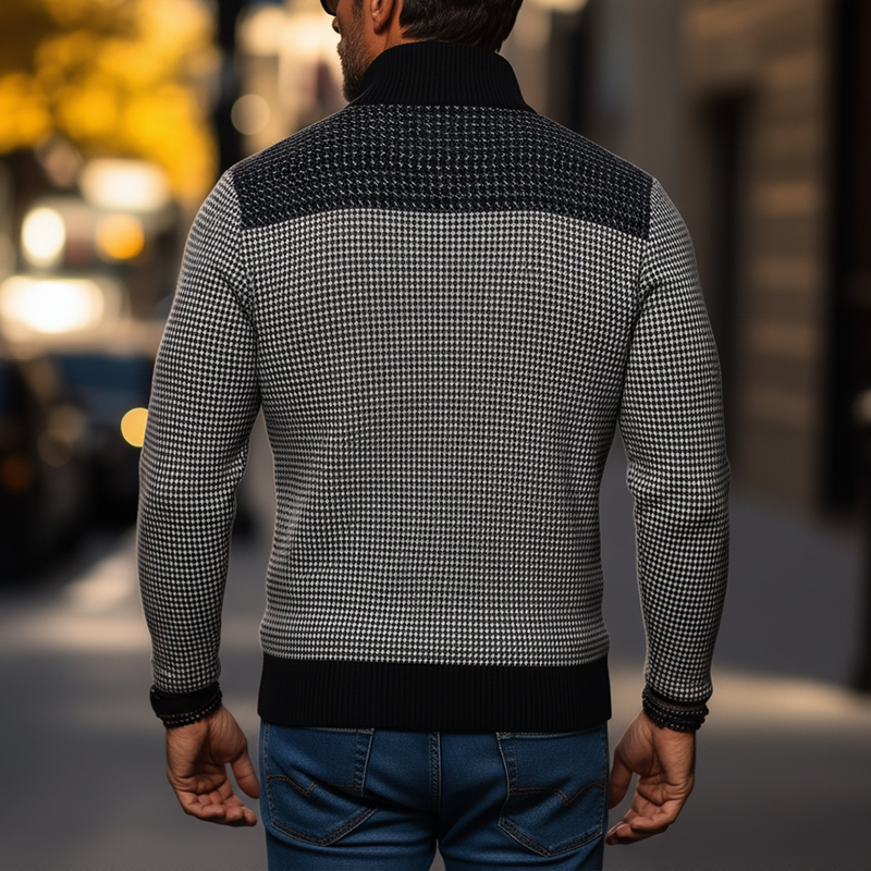 Men's Winter Retro Houndstooth Cotton Blend Patchwork Half-Zip Warm Sweatshirt MTA3037J7P