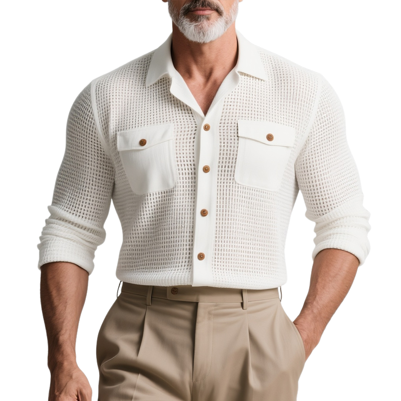 Men's Solid Hollow Out Fabric Lapel Long Sleeve Shirt MTA2817G3Z