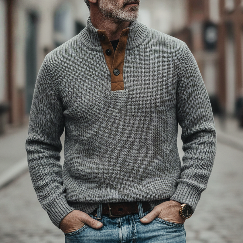 Men's Patchwork Faux Suede Knit Stand-up Collar Pullover Sweater MTA2184K0X