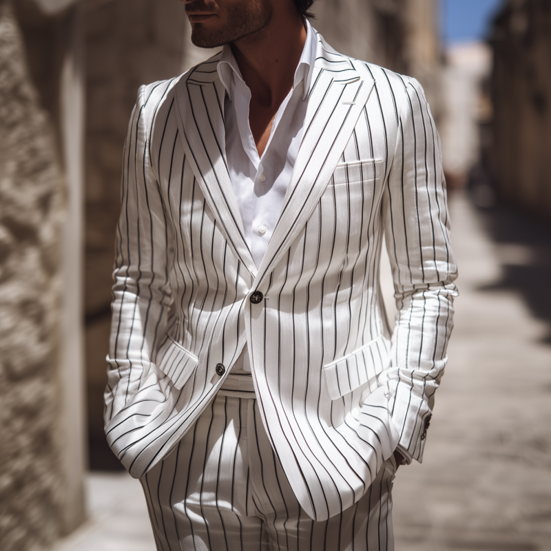 Men's Casual Cotton Linen Blend Striped Peak Lapel Single-breasted Slim-fit Blazer MTA3020G9M
