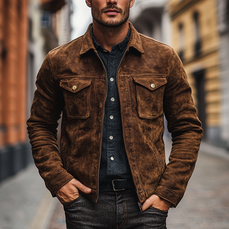 Men's Vintage Solid Lapel Zipper Jacket MTA2995H3X