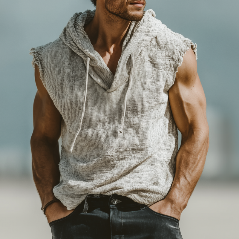 Men's Casual Breathable Cotton Linen Striped Hooded Loose Raw Edge Sleeveless Tank Top MTA2306F6M