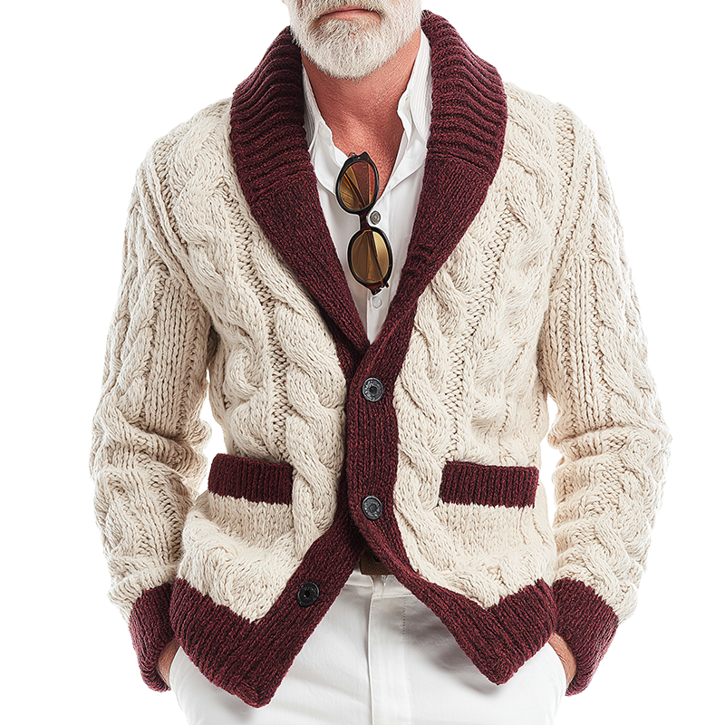 Men's Retro Casual Cable Knit Color Block Knit Button Cardigan MTA2893J2TO