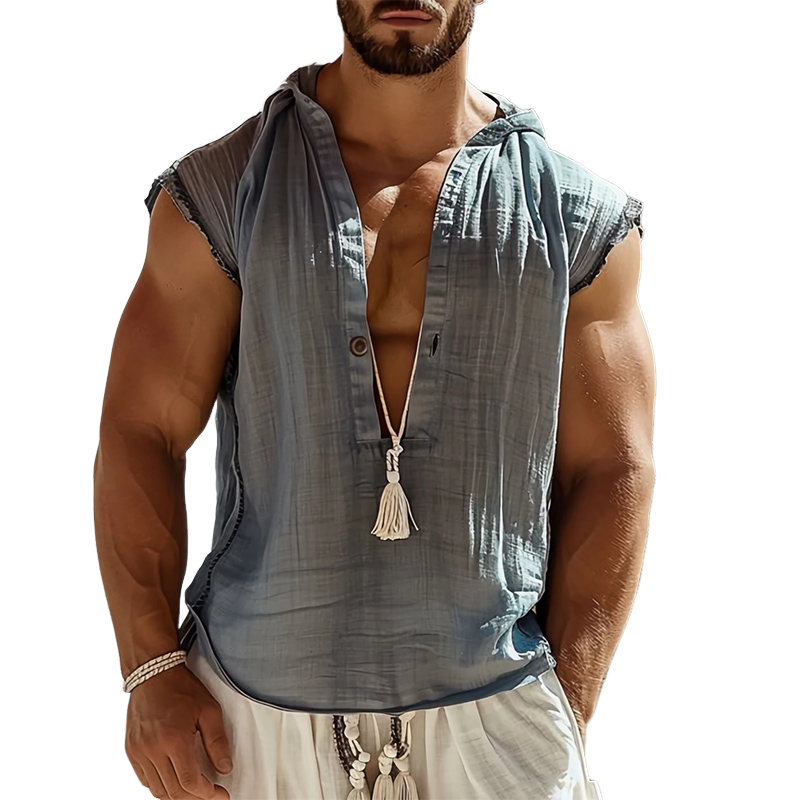 Men's Light Grey Ice Silk Pleated Hooded Tank Top 07483997U