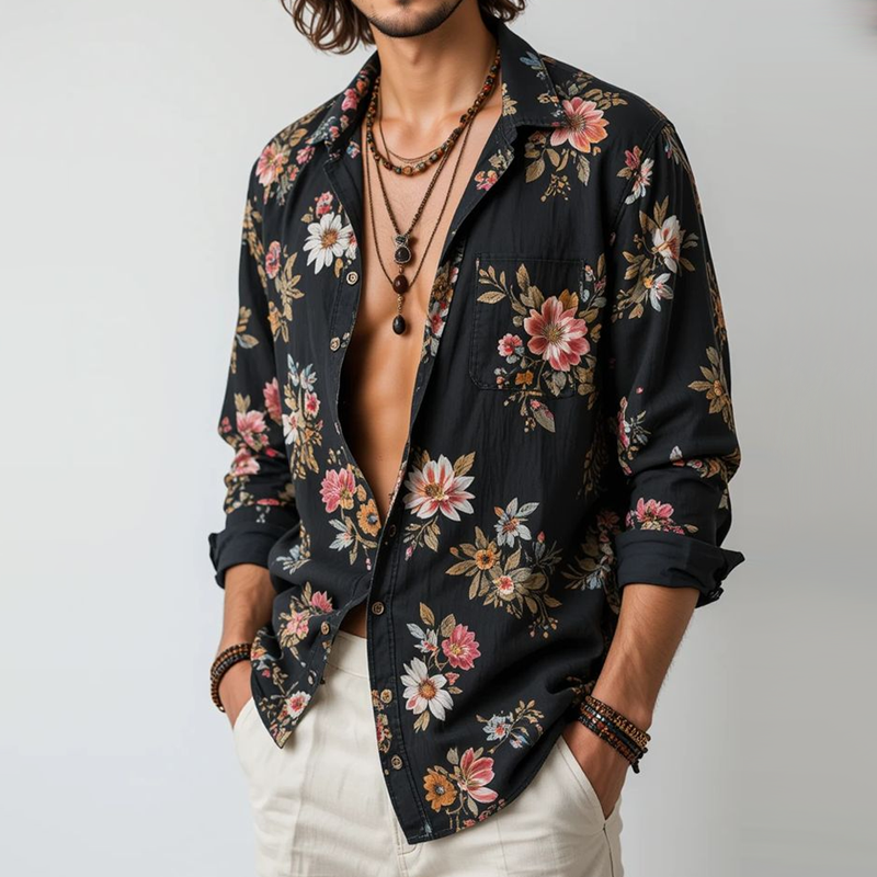 Men's Floral Lapel Chest Pocket Long Sleeve Shirt MTA2283G9Z