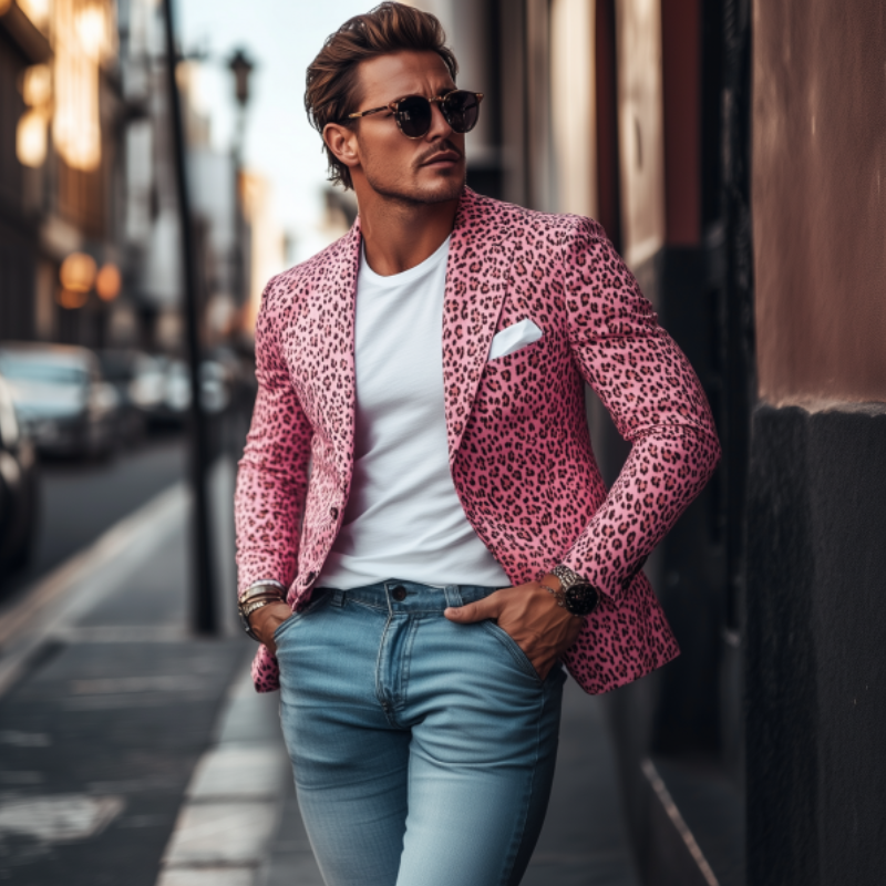 Men's Fashion Spring Summer Leopard Print Slim Fit Single Breasted Blazer 11352262K