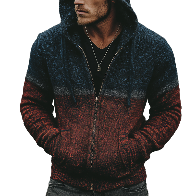 Men's Winter Fashion Contrast Color Cotton Knitted Hooded Cardigan Sweater MTA1097J4P