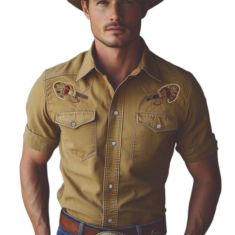 Men's Western Cowboy Style Guitar Embroidery Denim Short Sleeve Shirt MTA0812E9U
