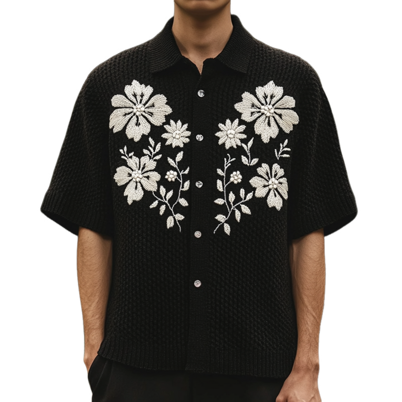 Men's Retro Casual Embroidered Knitted Lapel Short Sleeve Shirt MTA2376F0TO