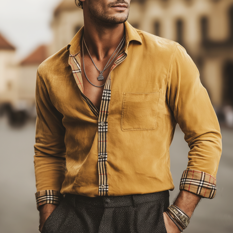 Men's Classic Faux Suede Patchwork Plaid Long-sleeved Shirt MTZ0678A4U