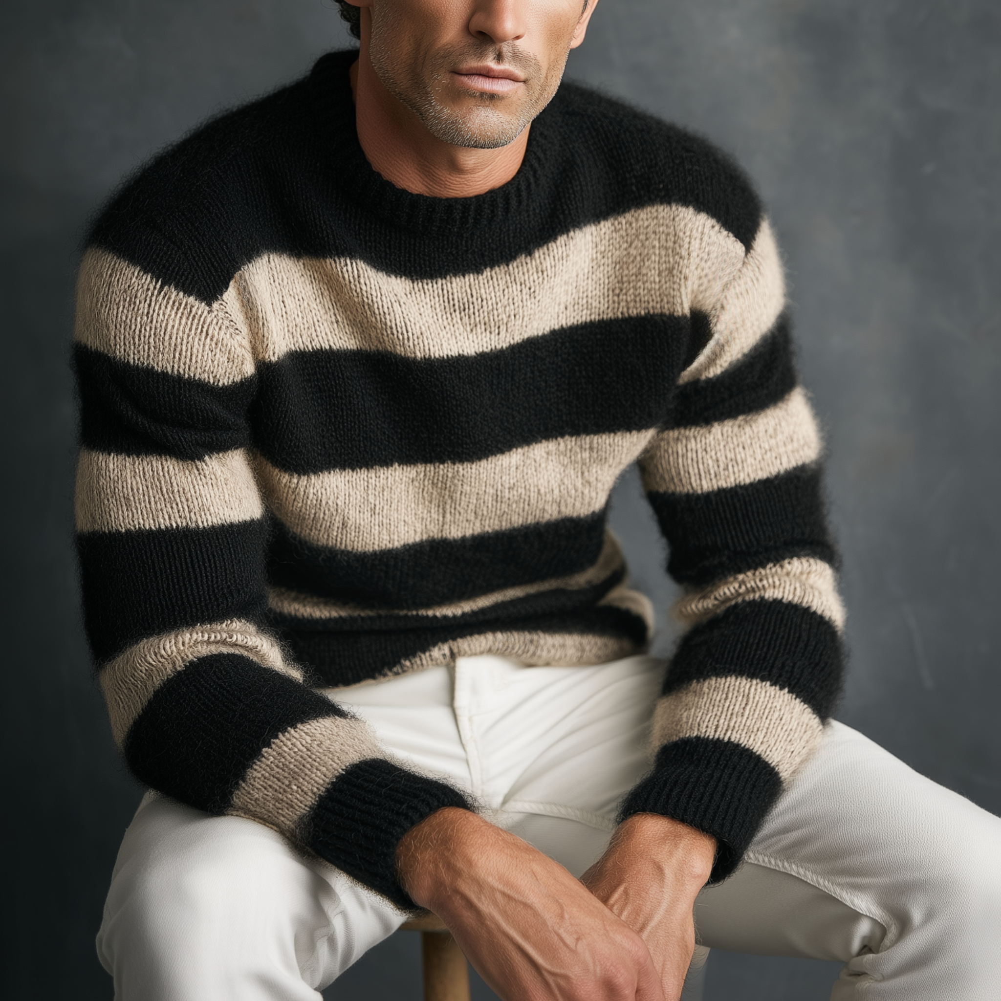 Men's Classic Casual Tough Style Crew Neck Striped Sweater MTA0847I8K