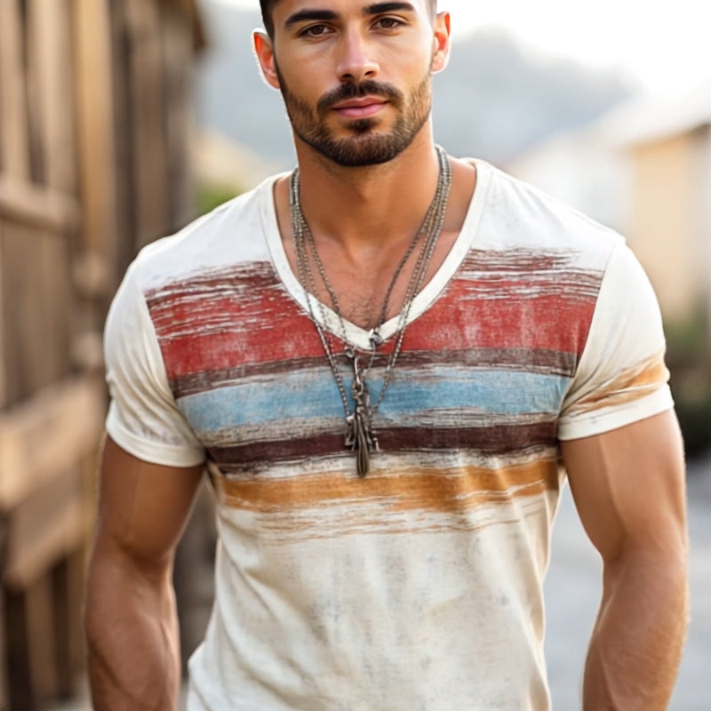 Men's Retro Casual Shabby Striped Printed V-Neck Short Sleeve T-Shirt MTA2517D8TO