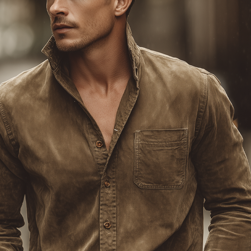 Men's Vintage Suede Lapel Long-sleeved Shirt MTA0736H2X