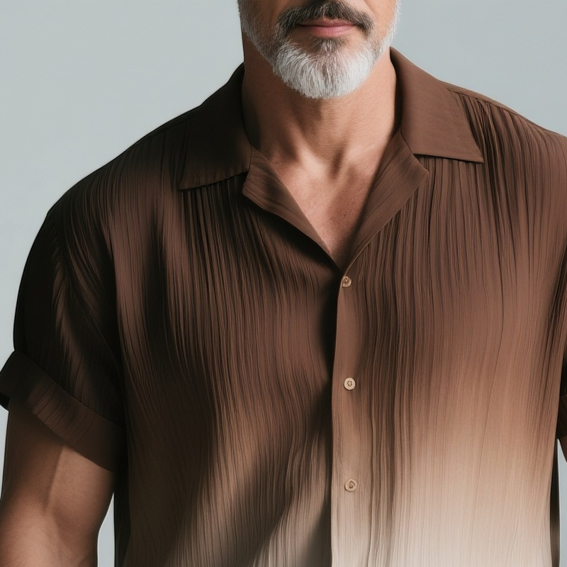 Men's Gradient Textured Striped Chiffon Lapel Short Sleeve Shirt MTA2862G7Z