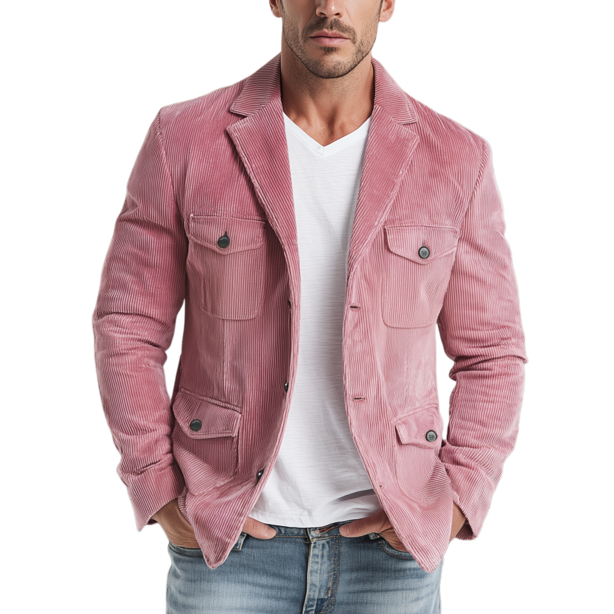 Men's Classic Casual Western Style Pink Corduroy Multi-pocket Single-breasted Blazer MTA2535H1K