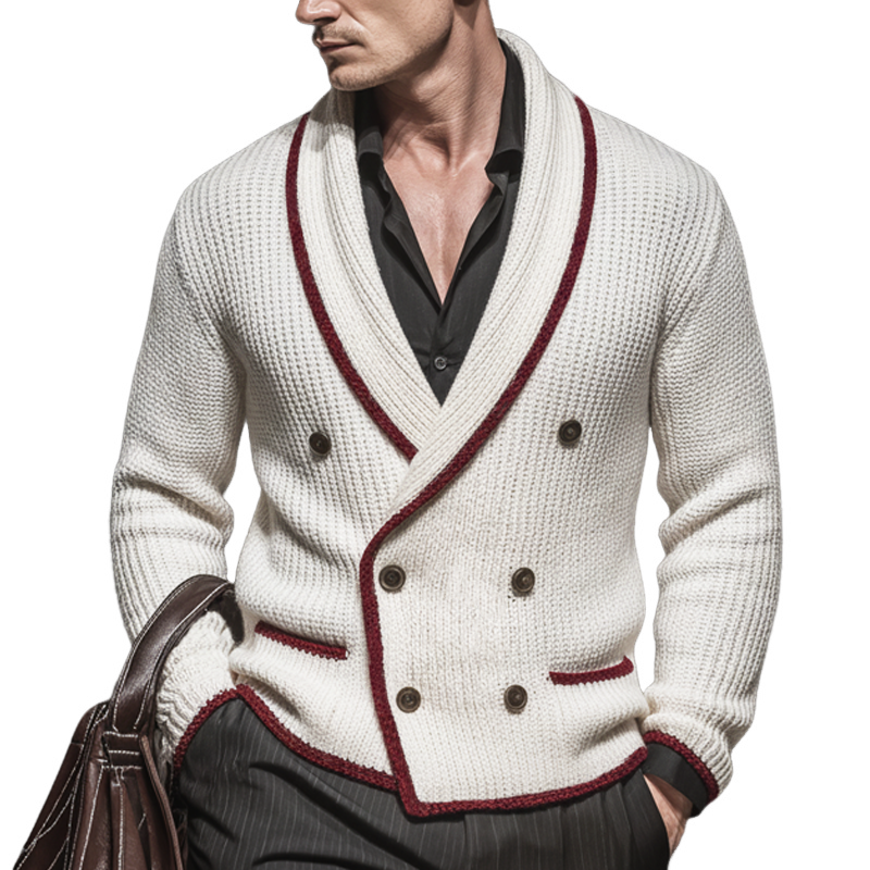 Men's Classic Colorblock Edge Lapel Double Breasted Knit Cardigan MTA2225J4U