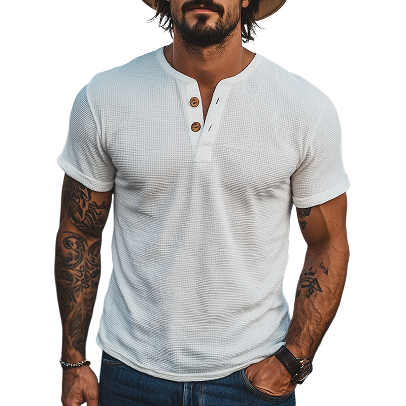 Men's Summer Fashion Casual American Western Tough Henley Collar Waffle Short-sleeved T-shirt MTA2441E1K
