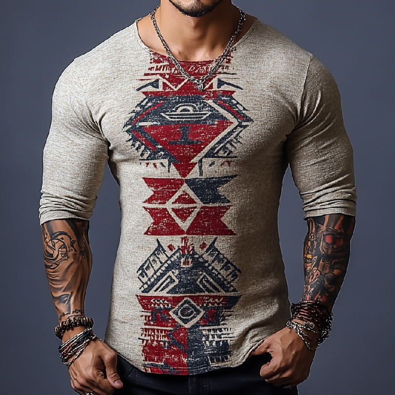 Men's All-match Slim Round Neck Knitted Printed Long-sleeved T-shirt 58949086F