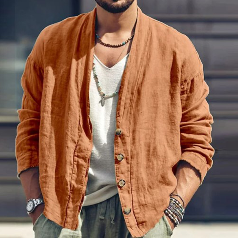 Men's Solid Color Cotton And Linen Long-Sleeved Cardigan MTA2307G0P