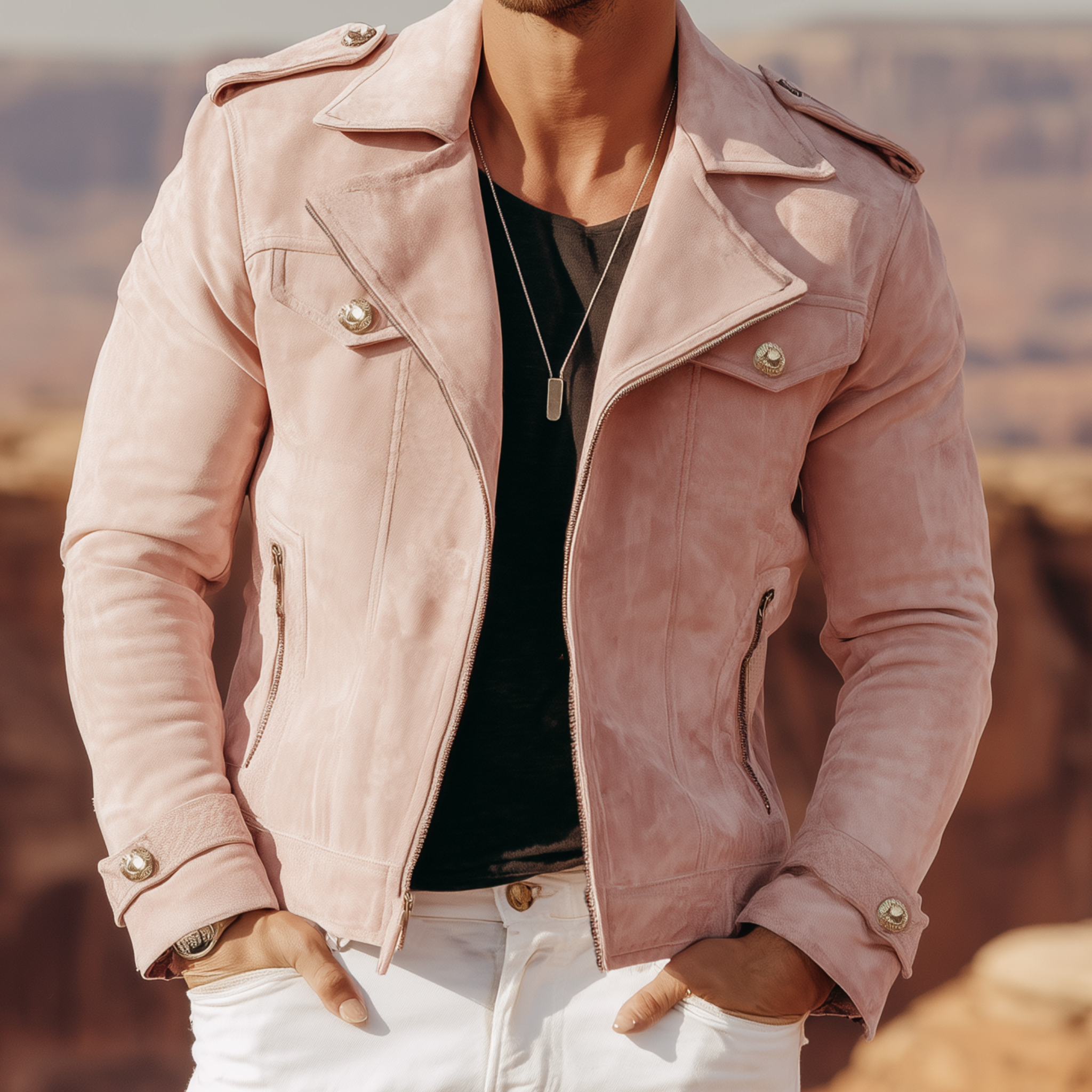 Men's Classic American Retro Western Style Lapel Pink Suede Motorcycle Jacket MTA2118H3K