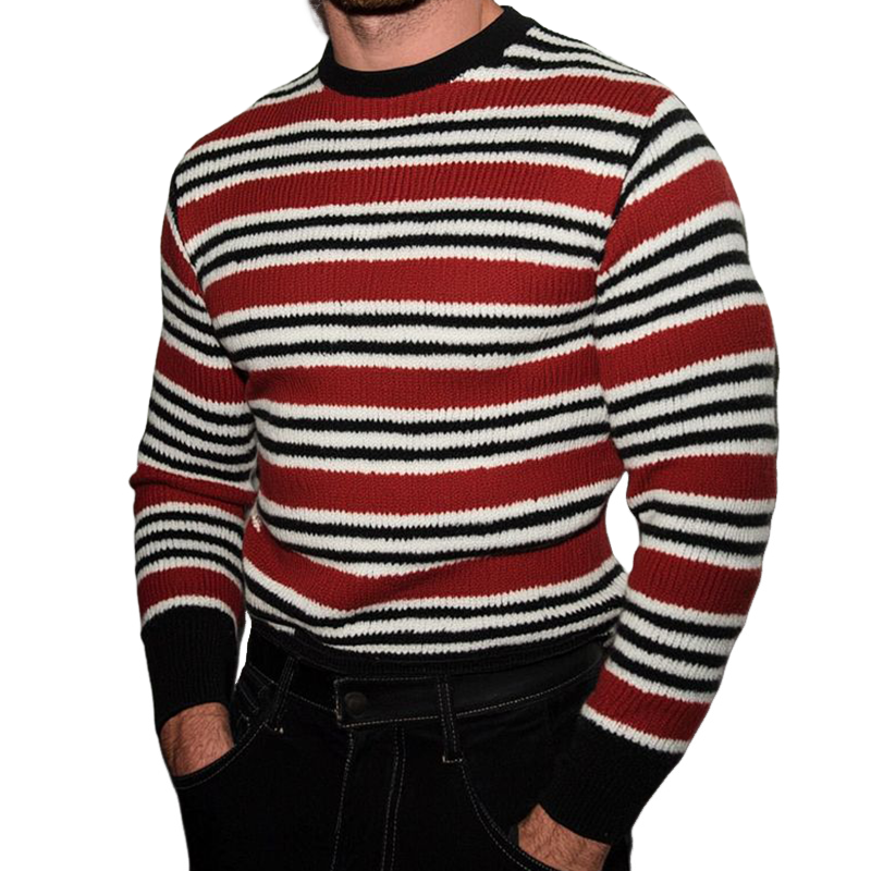 Men's Retro Casual Striped Knit Color Block Crew Neck Sweater MTZ0554A8TO