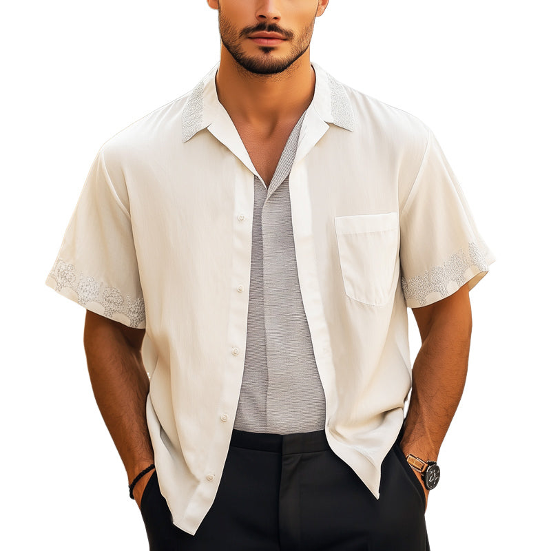Men's Summer Casual Silver Embroidery Lapel Cotton Short Sleeve Shirt MTA2216E4U