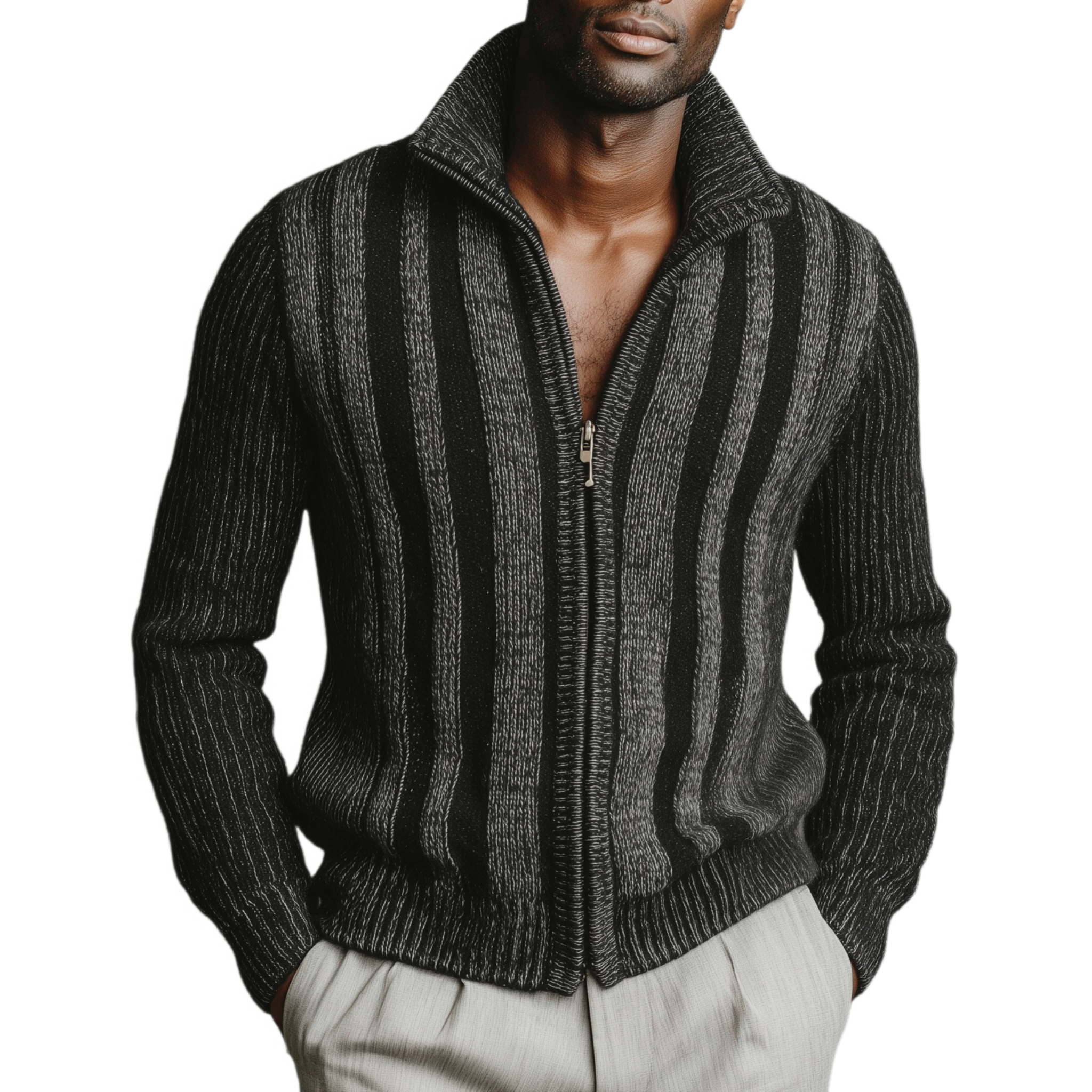 Men's Classic Retro Vertical Striped Stand Collar Zipper Knitted Cardigan MTA2367I5K