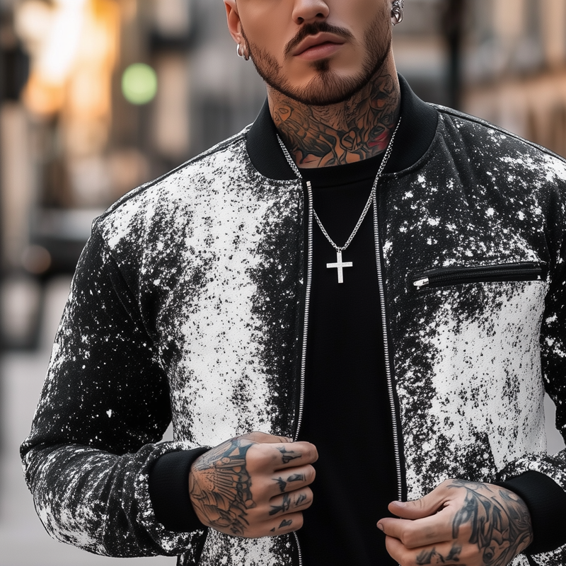 Men's Fashion Graffiti Print Stand Collar Chest Pocket Zipper Baseball Jacket MTA0145H8Z