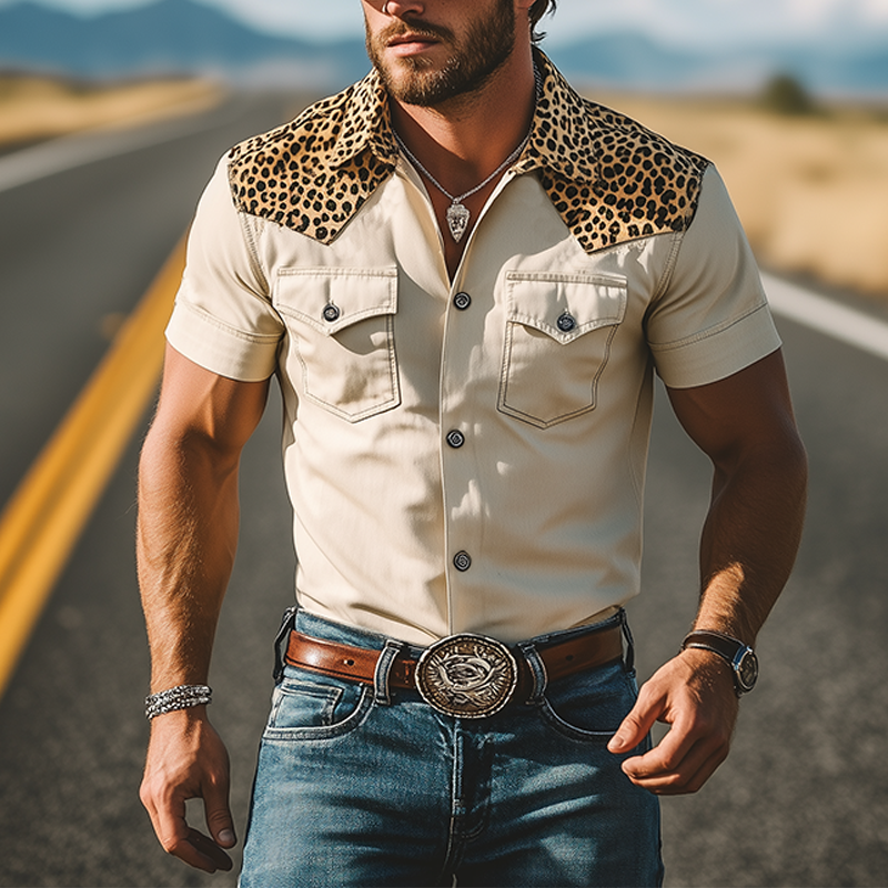 Men's Spring And Summer Classic Retro Western Cowboy Style Cotton Blended Leopard Print Slim Short-Sleeved Shirt MTA1037E3K