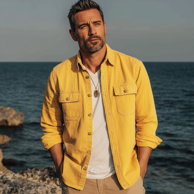 Men's Urban Solid Color Twill 100 Cotton Long-Sleeve Shirt MTZ2111A2U