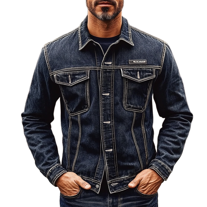 Men's Contrast Color Casual Vintage Denim Lapel Jacket MTA0962I0X