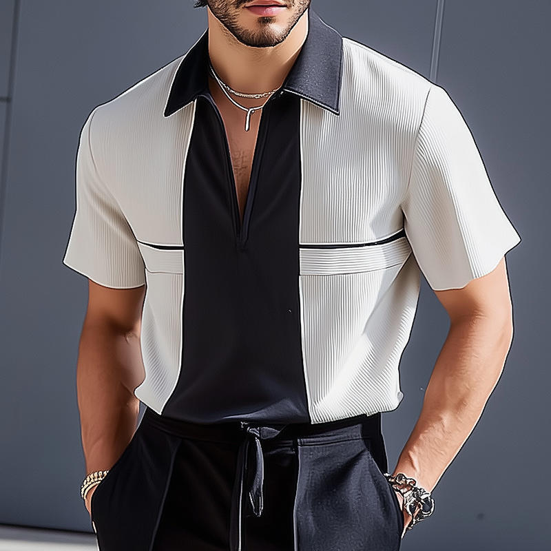 Men's Retro Casual Colorblock Striped Lapel Short Sleeve Shirt MTA0167G2TO