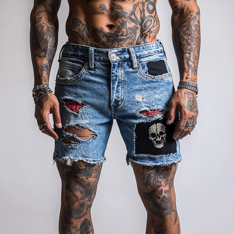 Men's Retro Skull Stitching Washed Denim Shorts MTA1794F6X