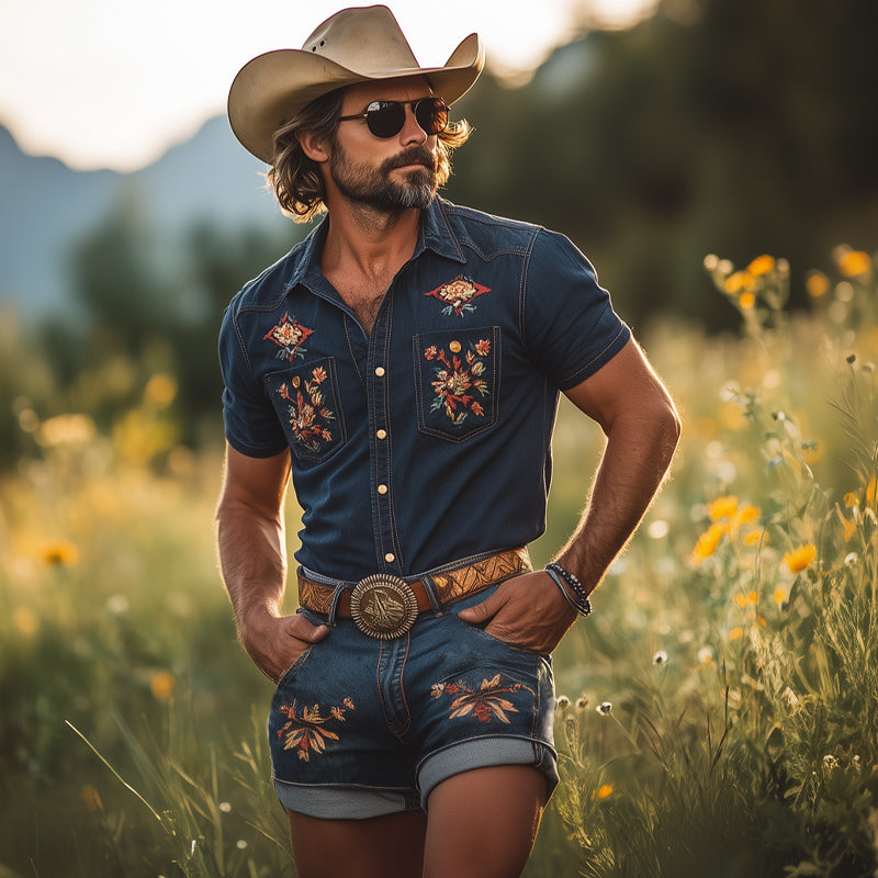 Men's Summer Retro Embroidered Denim Short Sleeve Shirt Shorts Set MTA2985D5U