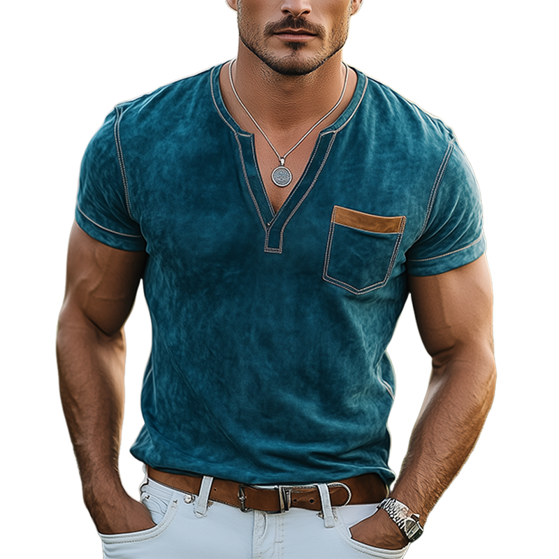Men's Spring And Summer Casual Thin Suede V-neck Slim Short-sleeved T-shirt MTA0113G9K