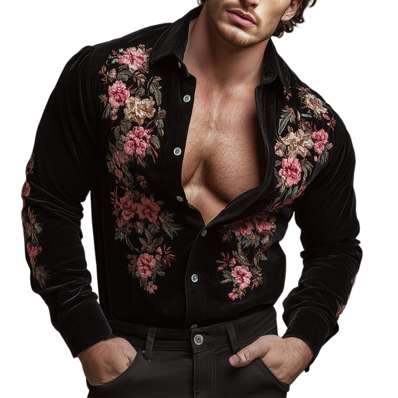 Men's Retro Casual Velvet Embroidered Lapel Long Sleeve Shirt MTA0464H8TO