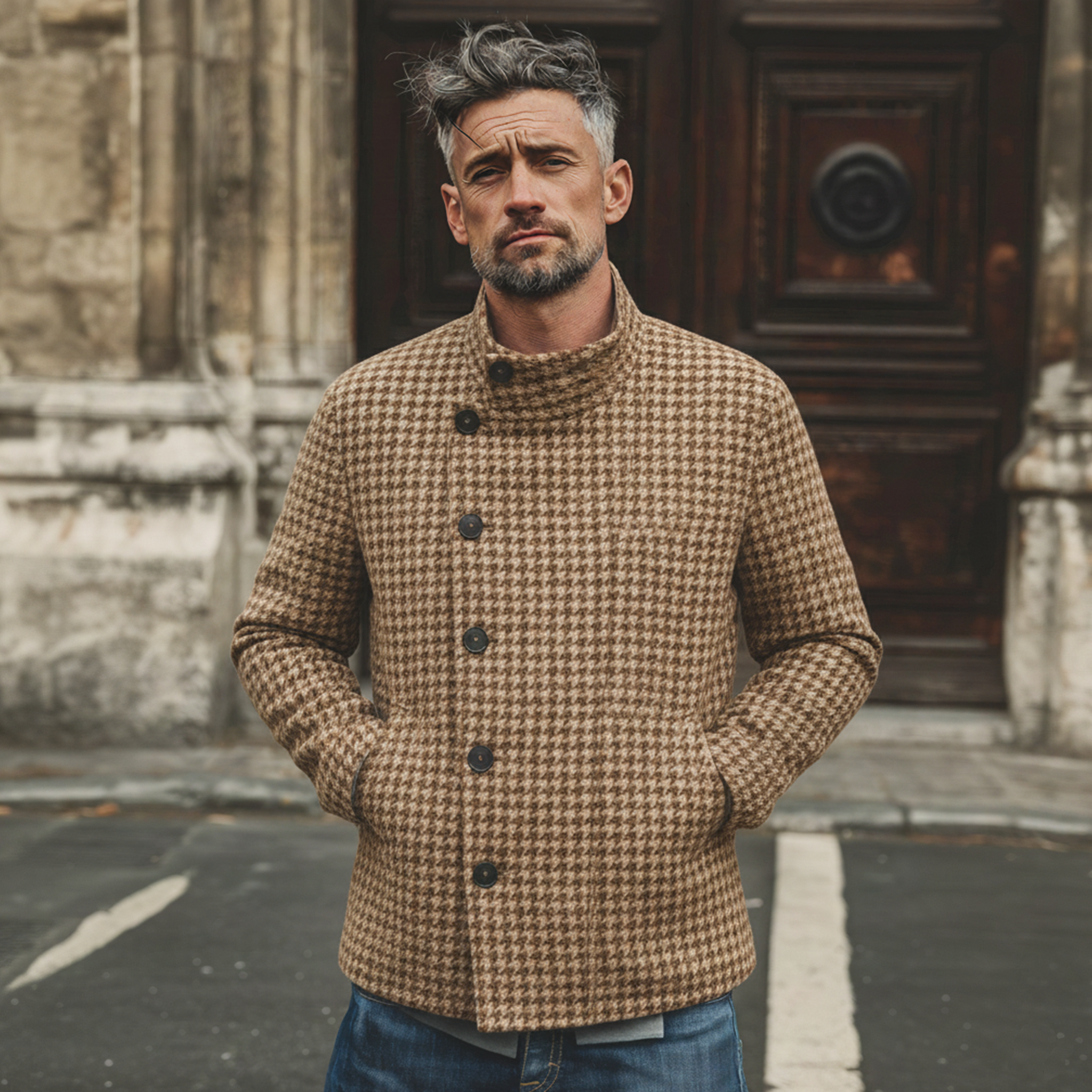 Men's Classic Retro Stand-up Collar Houndstooth Wool Jacket MTA2754K8K