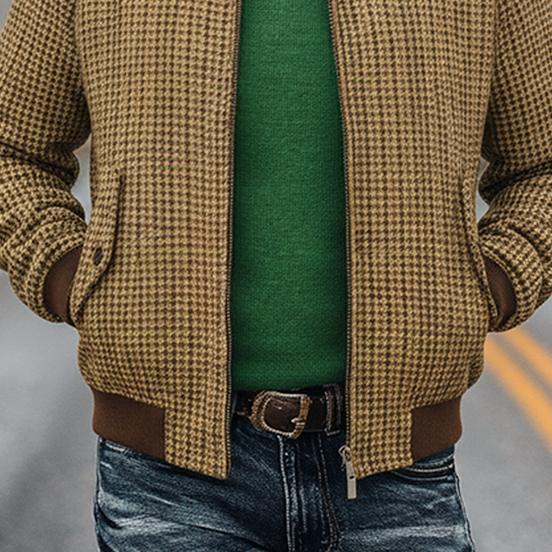 Men's Retro Houndstooth Stand Collar Zip-Up Jacket MTA0646K6X