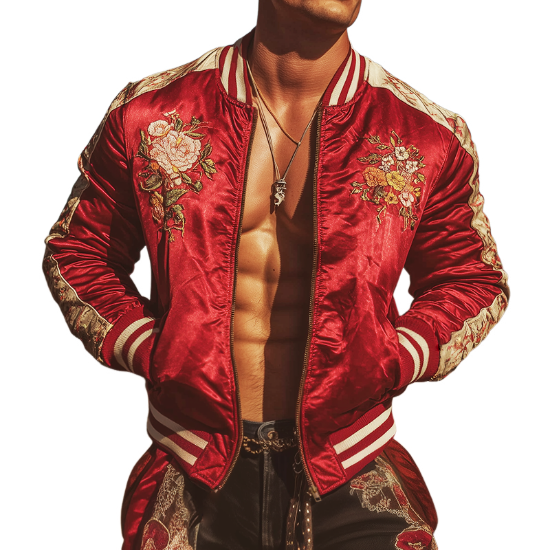 Men's Vintage Casual Floral Embroidered Satin Baseball Jacket MTA1892G0TO
