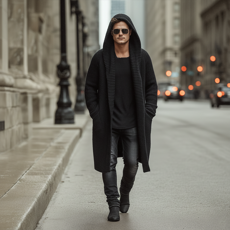 Men's Autumn And Winter Fashion Solid Color Cotton Yarn Knitted Long Hooded Cardigan MTA2378I9P