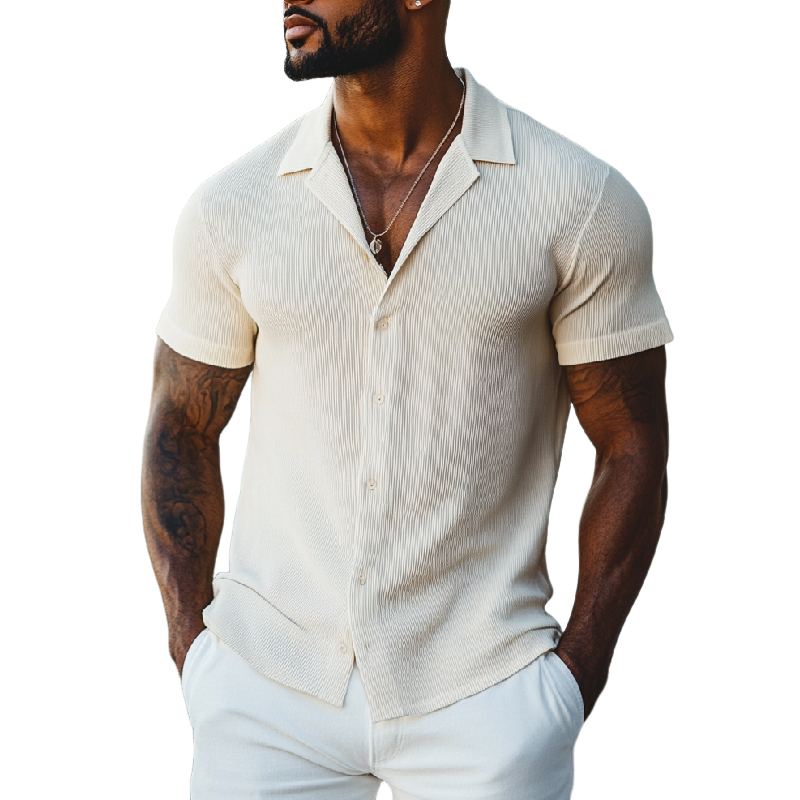 Men's Casual Ribbed Lapel Slim Fit Single Breasted Short Sleeve Shirt 46666671M