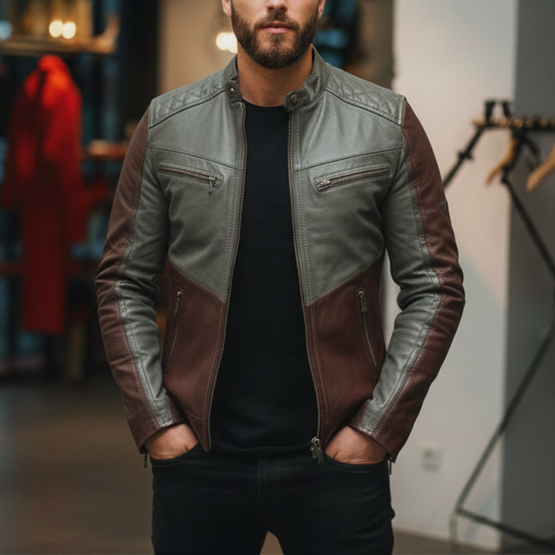 Men's Winter Retro Contrast Color Stitching PU Faux Leather Jacket MTA2182J8P