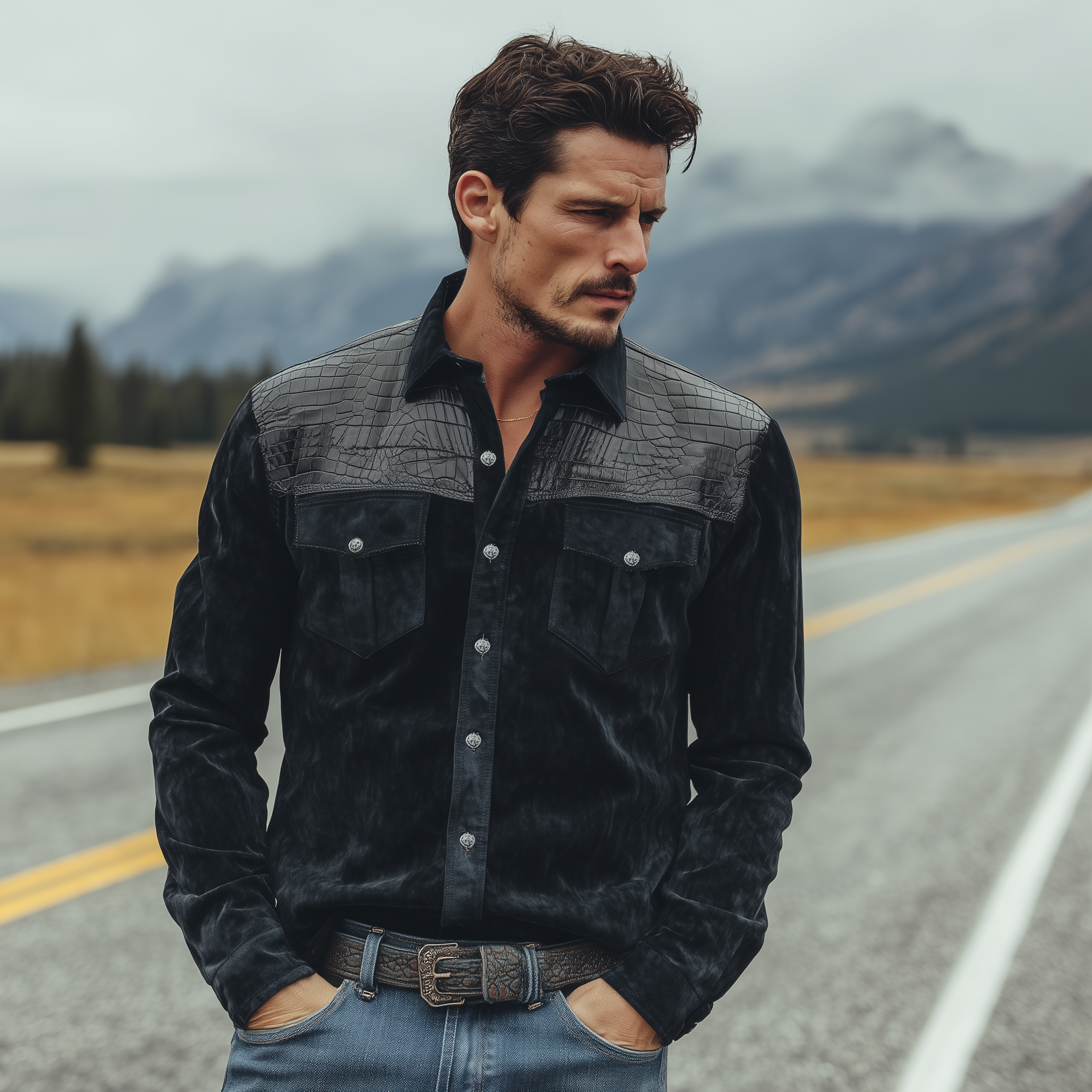 Men's Classic Retro Western Cowboy Style Suede And Textured Leather Long-sleeved Shirt MTA0775H8K