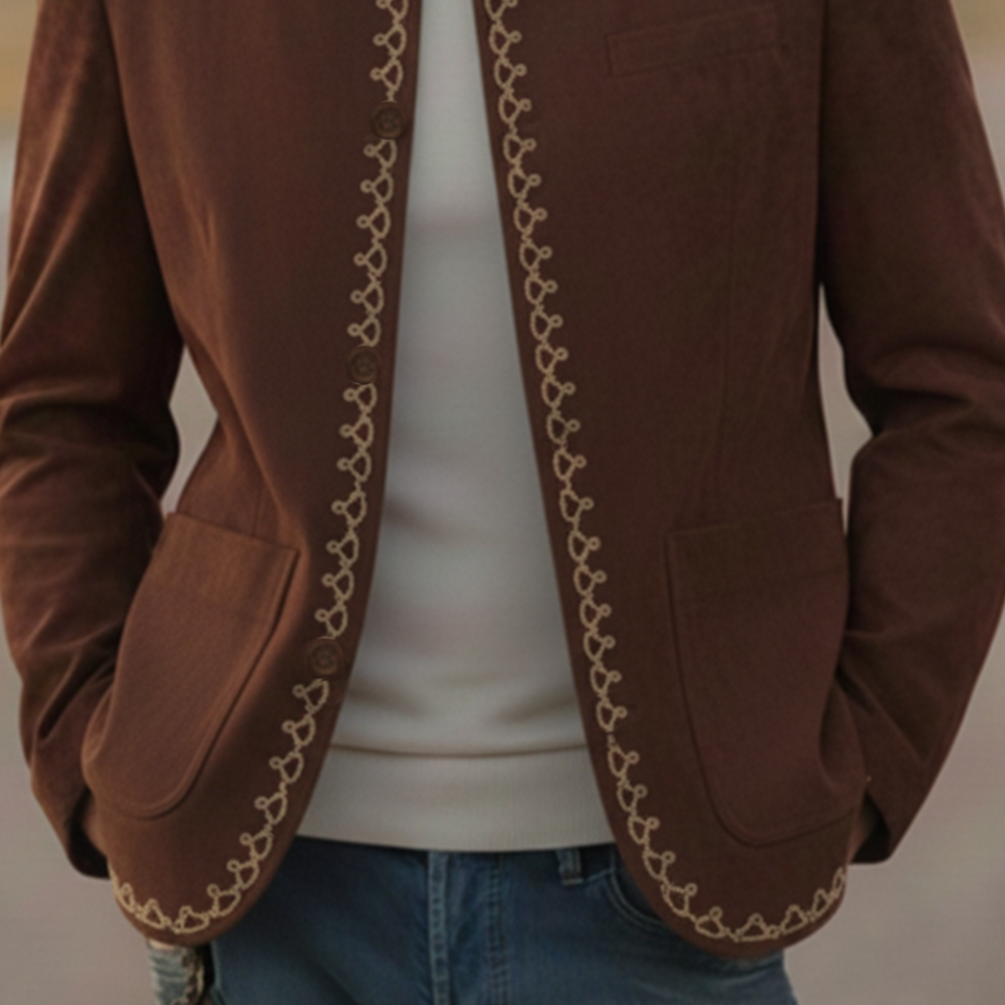 Men's Classic Retro Stand-up Collar Embroidered Faux Suede Jacket MTA2582K1K