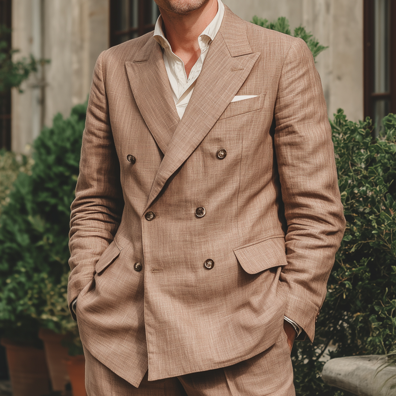 Men's Vintage Elegant Breathable Linen Peak Lapel Double Breasted Slim Fit Blazer MTA0788G2M